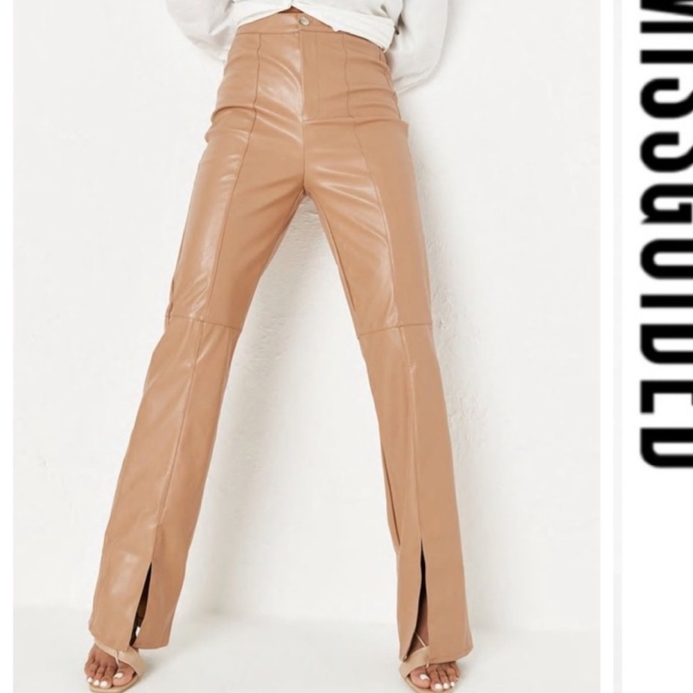 Missguided High Rise Faux Leather Split Hems Pant in Tan